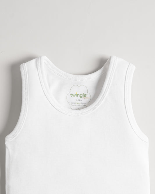 Twingle Snow White Round Neck Sleeveless Vest-Solid-100% Organic Cotton-Pack of 3-For Infants