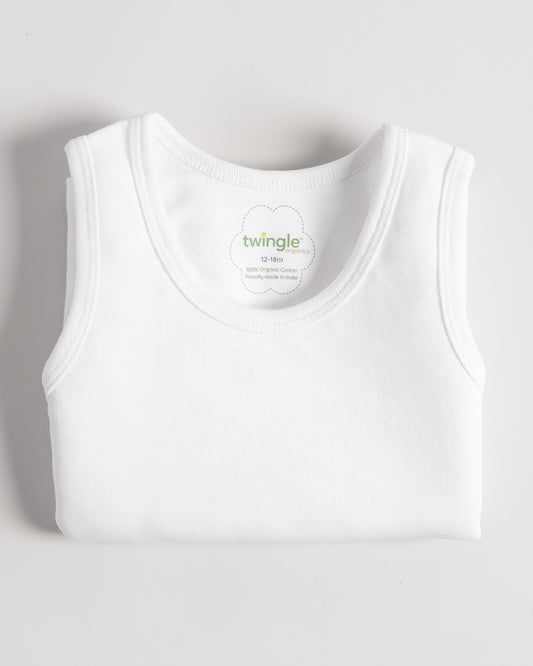 Twingle Snow White Round Neck Sleeveless Vest-Solid-100% Organic Cotton-Pack of 3-For Infants