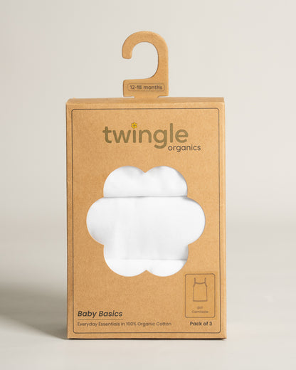 Twingle Snow White Shoulder Strap Sleeveless Vest-Solid-100% Organic Cotton-Pack of 3-For Infants