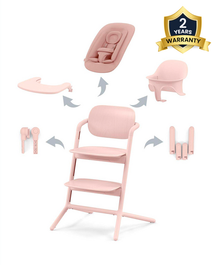 Cybex Lemo 4 in 1 High Chair-With Bouncer Seat, Baby Set & Tray-Individual Height & Depth Adjustment of Seat & Footrest-Anti Tip Rear Wheels for Easy Movement-2 Years Warranty-For 0 to 99Y (Upto 120 Kg)-Pearl Pink