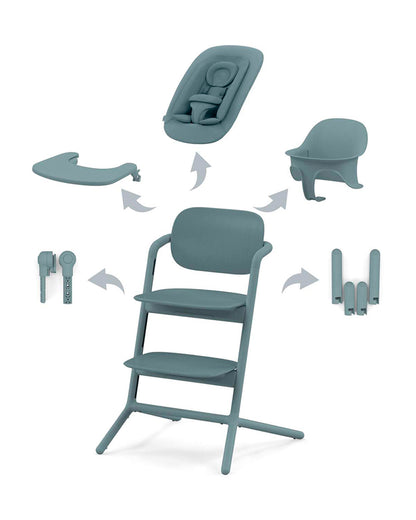 Cybex Lemo 4 in 1 High Chair-With Bouncer Seat, Baby Set & Tray-Individual Height & Depth Adjustment of Seat & Footrest-Anti Tip Rear Wheels for Easy Movement-2 Years Warranty-For 0 to 99Y (Upto 120 Kg)-Stone Blue