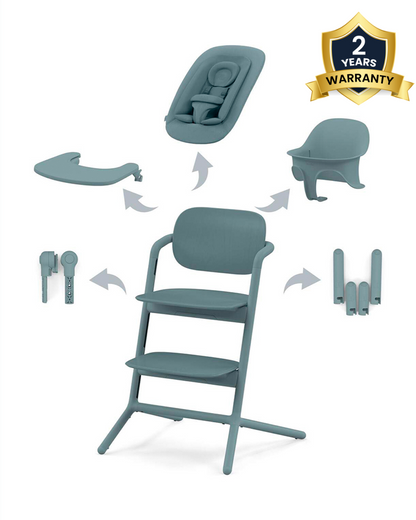Cybex Lemo 4 in 1 High Chair-With Bouncer Seat, Baby Set & Tray-Individual Height & Depth Adjustment of Seat & Footrest-Anti Tip Rear Wheels for Easy Movement-2 Years Warranty-For 0 to 99Y (Upto 120 Kg)-Stone Blue