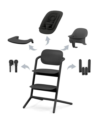 Cybex Lemo 4 in 1 High Chair-With Bouncer Seat, Baby Set & Tray-Individual Height & Depth Adjustment of Seat & Footrest-Anti Tip Rear Wheels for Easy Movement-2 Years Warranty-For 0 to 99Y (Upto 120 Kg)-Stunning Black