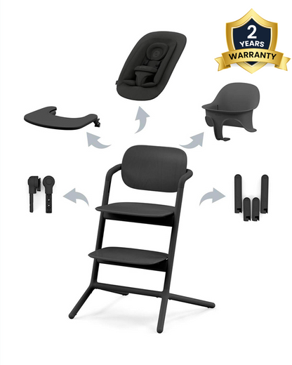 Cybex Lemo 4 in 1 High Chair-With Bouncer Seat, Baby Set & Tray-Individual Height & Depth Adjustment of Seat & Footrest-Anti Tip Rear Wheels for Easy Movement-2 Years Warranty-For 0 to 99Y (Upto 120 Kg)-Stunning Black