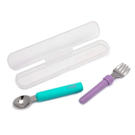 Melii Spork On The Go-Travel Utensils-Detachable Fork & Spoon with Carrying Case -Blue & Purple-For Infants