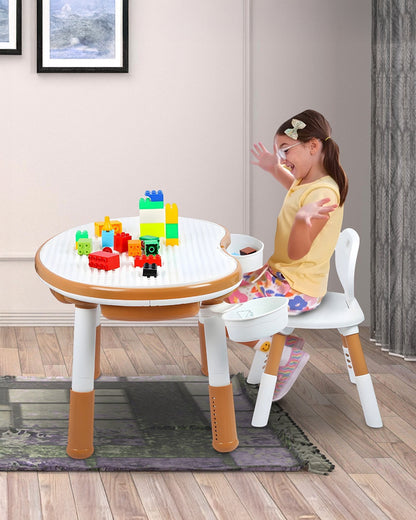 Oplus Block Cum Sensory Activity Table With Chair-Brown-3 Adjustable Height Levels With Built in Storage Box-12m+