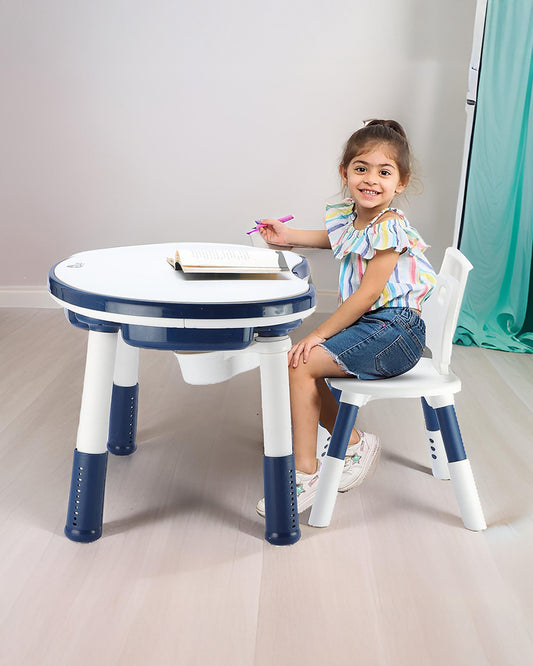 Oplus Block Cum Sensory Activity Table With Chair-Blue-3 Adjustable Height Levels With Built in Storage Box-12m+