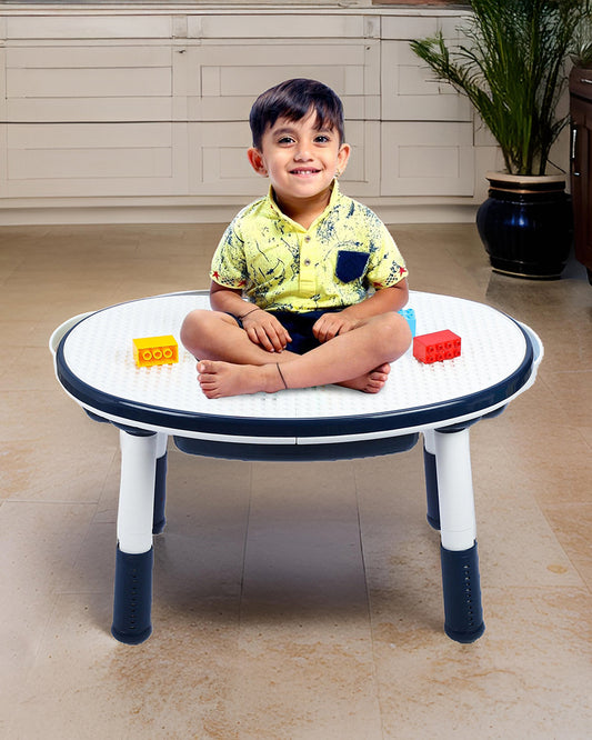 Oplus Block Cum Sensory Activity Table With Chair-Blue-3 Adjustable Height Levels With Built in Storage Box-12m+