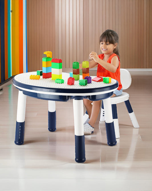 Oplus Block Cum Sensory Activity Table With Chair-Blue-3 Adjustable Height Levels With Built in Storage Box-12m+