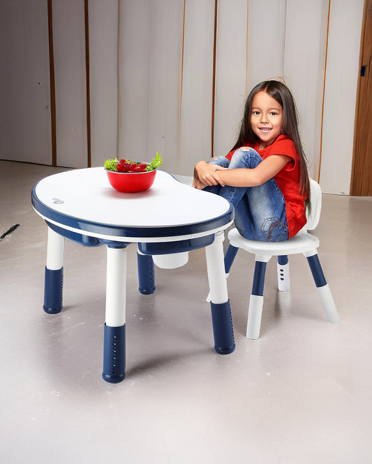 Oplus Block Cum Sensory Activity Table With Chair-Blue-3 Adjustable Height Levels With Built in Storage Box-12m+