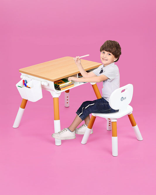 Oplus Multipurpose Study Table With Wooden Top-Includes 2 Pen Holder & 1 Chair-3 Adjustable Height Levels-Activity Centre & Table-12M+
