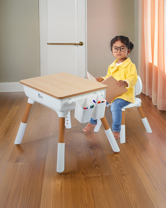Oplus Multipurpose Study Table With Wooden Top-Includes 2 Pen Holder & 1 Chair-3 Adjustable Height Levels-Activity Centre & Table-12M+