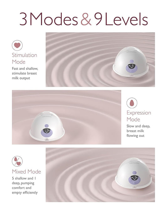 Momcozy All-in-one M5 Wearable Double Electric Breast Pump - Painless Pumping - Portable - 3 Modes & 9 Suction Levels - Rechargeable - Purple