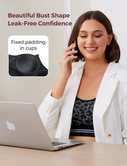 Momcozy 4-in-1 Hands Free Seamless Stretch Fabric Pumping Bra-Fixed Padding-Front Clasps-Full Coverage-Black