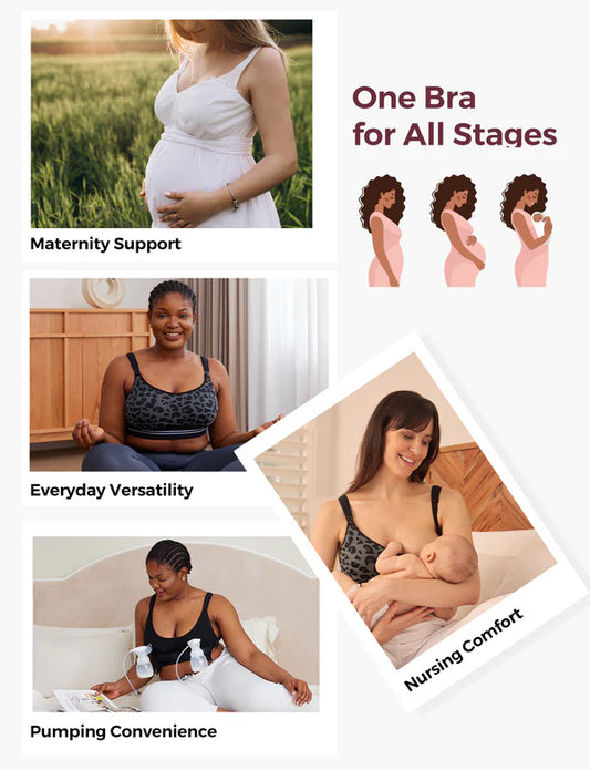 Momcozy 4-in-1 Hands Free Seamless Stretch Fabric Pumping Bra-Fixed Padding-Front Clasps-Full Coverage-Black