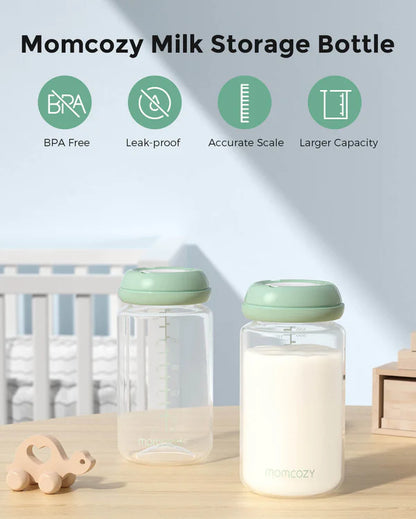 Momcozy Milk Storage Bottle Set – 11oz Wide-Neck - Leak-Proof Design - Pack of 4