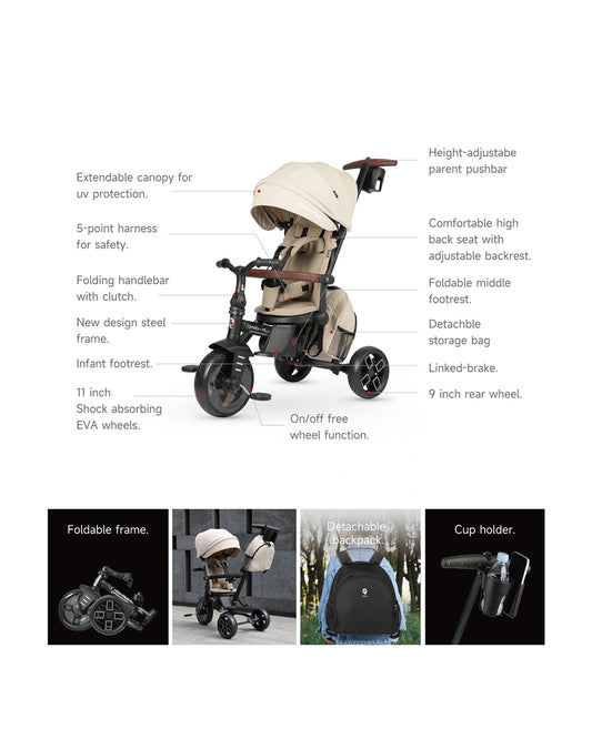 Qplay Comfo Max 7-in-1 Trike-Height Adjustable Parent Handle Bar-360 Degrees Rotating Seat-Adjustable Backrest-Foldable Frame-With Detachable Backpack-For 10M to 6Y (Upto 25 Kg)-Black