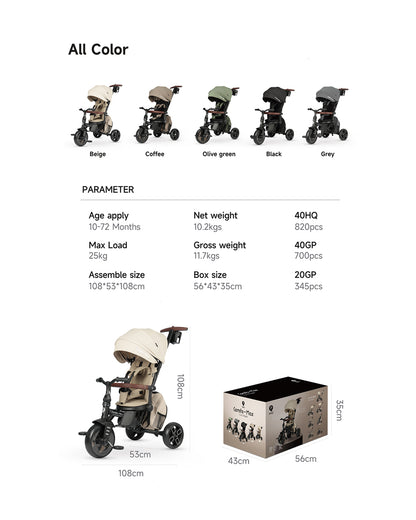 Qplay Comfo Max 7-in-1 Trike-Height Adjustable Parent Handle Bar-360 Degrees Rotating Seat-Adjustable Backrest-Foldable Frame-With Detachable Backpack-For 10M to 6Y (Upto 25 Kg)-Beige