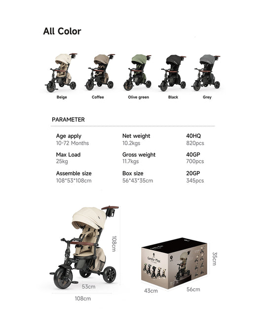 Qplay Comfo Max 7-in-1 Trike-Height Adjustable Parent Handle Bar-360 Degrees Rotating Seat-Adjustable Backrest-Foldable Frame-With Detachable Backpack-For 10M to 6Y (Upto 25 Kg)-Beige