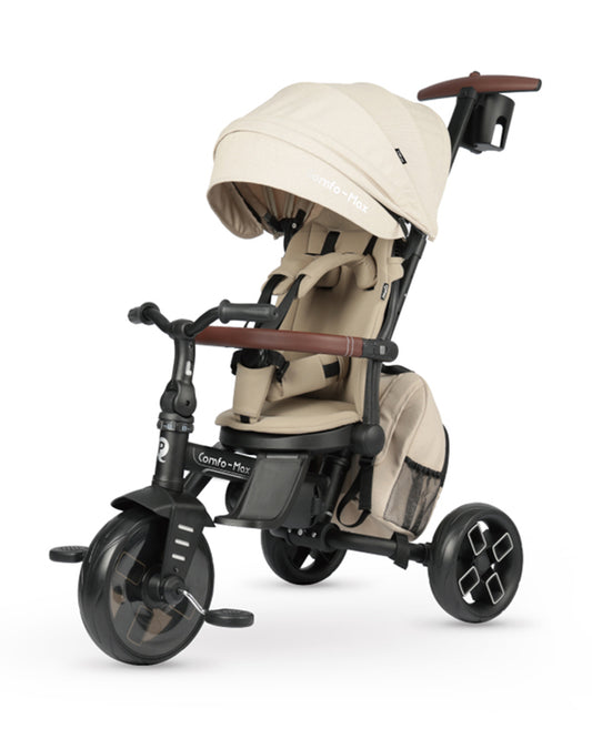 Qplay Comfo Max 7-in-1 Trike-Height Adjustable Parent Handle Bar-360 Degrees Rotating Seat-Adjustable Backrest-Foldable Frame-With Detachable Backpack-For 10M to 6Y (Upto 25 Kg)-Beige