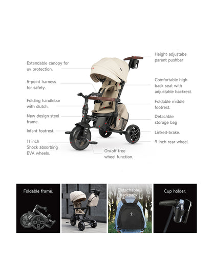 Qplay Comfo Max 7-in-1 Trike-Height Adjustable Parent Handle Bar-360 Degrees Rotating Seat-Adjustable Backrest-Foldable Frame-With Detachable Backpack-For 10M to 6Y (Upto 25 Kg)-Beige