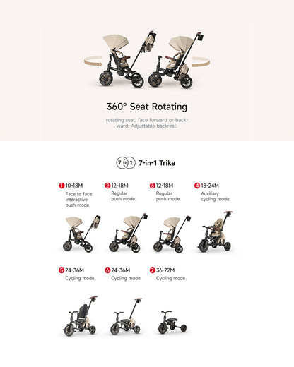 Qplay Comfo Max 7-in-1 Trike-Height Adjustable Parent Handle Bar-360 Degrees Rotating Seat-Adjustable Backrest-Foldable Frame-With Detachable Backpack-For 10M to 6Y (Upto 25 Kg)-Beige