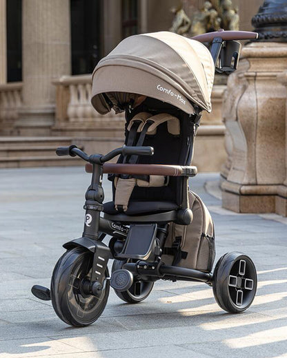 Qplay Comfo Max 7-in-1 Trike-Height Adjustable Parent Handle Bar-360 Degrees Rotating Seat-Adjustable Backrest-Foldable Frame-With Detachable Backpack-For 10M to 6Y (Upto 25 Kg)-Coffee