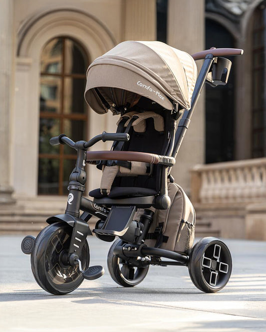 Qplay Comfo Max 7-in-1 Trike-Height Adjustable Parent Handle Bar-360 Degrees Rotating Seat-Adjustable Backrest-Foldable Frame-With Detachable Backpack-For 10M to 6Y (Upto 25 Kg)-Coffee