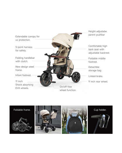 Qplay Comfo Max 7-in-1 Trike-Height Adjustable Parent Handle Bar-360 Degrees Rotating Seat-Adjustable Backrest-Foldable Frame-With Detachable Backpack-For 10M to 6Y (Upto 25 Kg)-Coffee