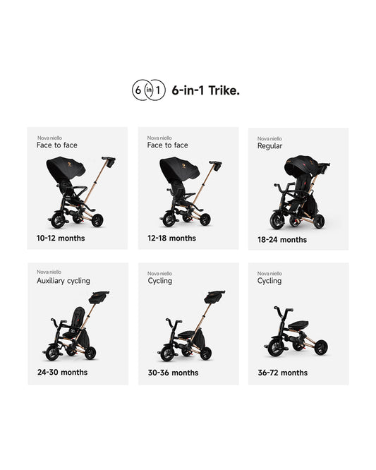 Qplay Nova Limited Edition 6 in 1 Trike-Easy Compact Fold-Height Adjustable Parent Handle Bar-360 Degrees Rotating Seat-Adjustable Backrest-Includes Small Bag, Detachable Backpack & Cup Holder-For 10M to 6Y (Upto 25 Kg)-Black