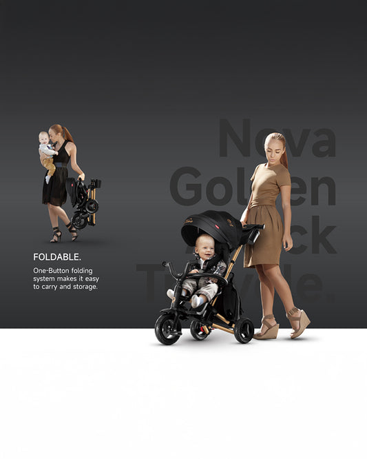 Qplay Nova Limited Edition 6 in 1 Trike-Easy Compact Fold-Height Adjustable Parent Handle Bar-360 Degrees Rotating Seat-Adjustable Backrest-Includes Small Bag, Detachable Backpack & Cup Holder-For 10M to 6Y (Upto 25 Kg)-Black