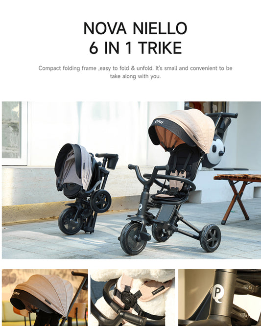 Qplay Nova Niello 6 in 1 Trike-Easy Compact Fold-Height Adjustable Parent Handle Bar-360 Degrees Rotating Seat-Adjustable Backrest-5 Point Harness-Includes Cup Holder-For 10 to 6Y (Upto 25 Kg)-Grey