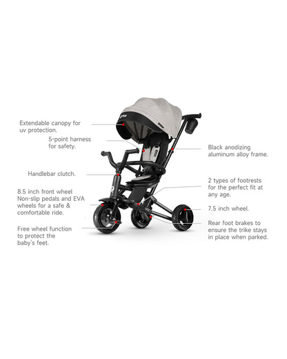 Qplay Nova Niello 6 in 1 Trike-Easy Compact Fold-Height Adjustable Parent Handle Bar-360 Degrees Rotating Seat-Adjustable Backrest-5 Point Harness-Includes Cup Holder-For 10 to 6Y (Upto 25 Kg)-Grey