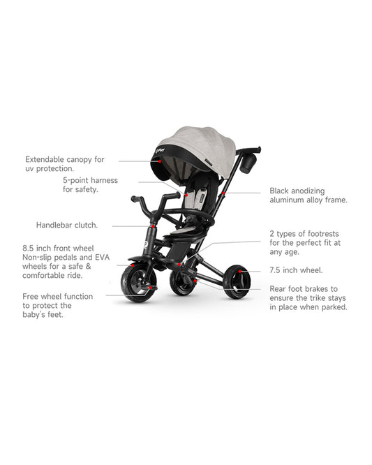 Qplay Nova Niello 6 in 1 Trike-Easy Compact Fold-Height Adjustable Parent Handle Bar-360 Degrees Rotating Seat-Adjustable Backrest-5 Point Harness-Includes Cup Holder-For 10 to 6Y (Upto 25 Kg)-Grey