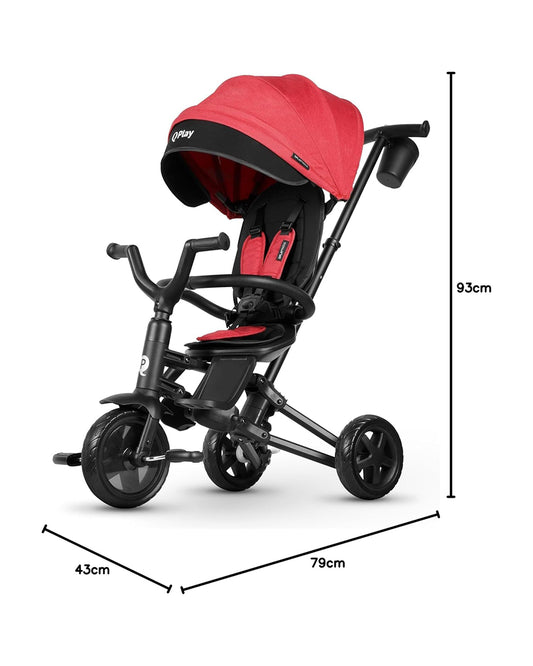 Qplay Nova Niello 6 in 1 Trike-Easy Compact Fold-Height Adjustable Parent Handle Bar-360 Degrees Rotating Seat-Adjustable Backrest-5 Point Harness-Includes Cup Holder-For 10 to 6Y (Upto 25 Kg)-Red
