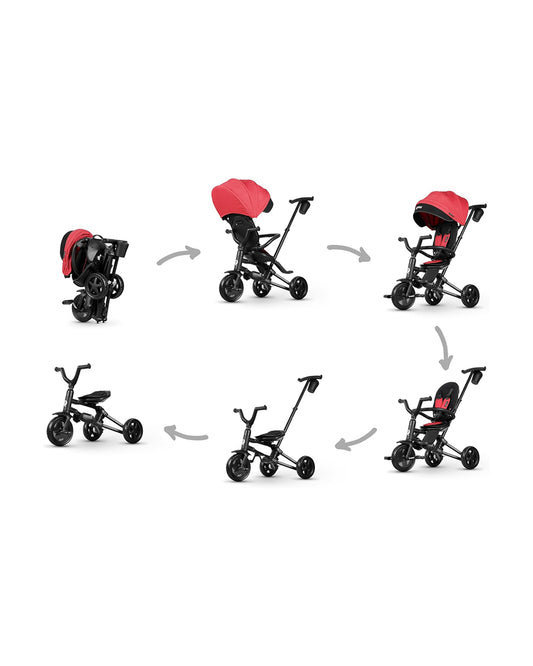 Qplay Nova Niello 6 in 1 Trike-Easy Compact Fold-Height Adjustable Parent Handle Bar-360 Degrees Rotating Seat-Adjustable Backrest-5 Point Harness-Includes Cup Holder-For 10 to 6Y (Upto 25 Kg)-Red