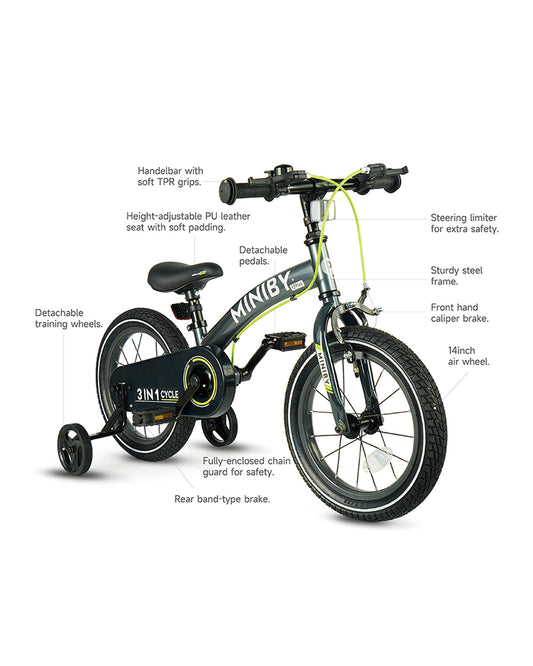 Qplay Miniby 3 in 1 Bike (14 Inch)-Balance Bike, Bicycle with Training Wheel Mode & Bicycle Mode-Adjustable Handlebar & Seat Height-Steering Limiter For Additional Safety-For 2.5 to 8Y-Blue
