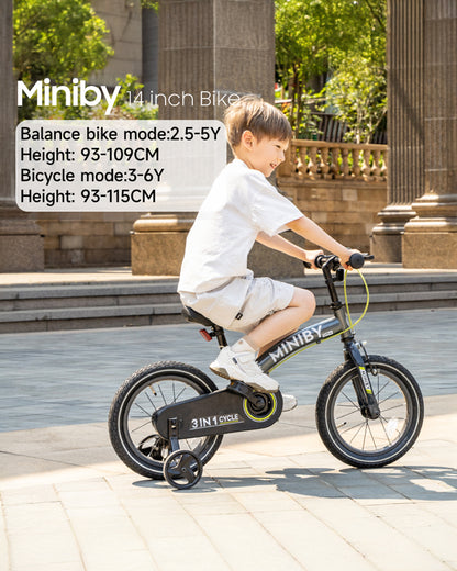 Qplay Miniby 3 in 1 Bike (14 Inch)-Balance Bike, Bicycle with Training Wheel Mode & Bicycle Mode-Adjustable Handlebar & Seat Height-Steering Limiter For Additional Safety-For 2.5 to 8Y-Blue