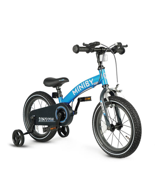 Qplay Miniby 3 in 1 Bike (14 Inch)-Balance Bike, Bicycle with Training Wheel Mode & Bicycle Mode-Adjustable Handlebar & Seat Height-Steering Limiter For Additional Safety-For 2.5 to 8Y-Blue