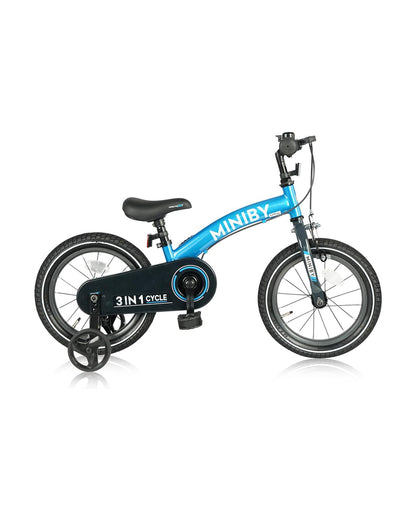 Qplay Miniby 3 in 1 Bike (14 Inch)-Balance Bike, Bicycle with Training Wheel Mode & Bicycle Mode-Adjustable Handlebar & Seat Height-Steering Limiter For Additional Safety-For 2.5 to 8Y-Blue