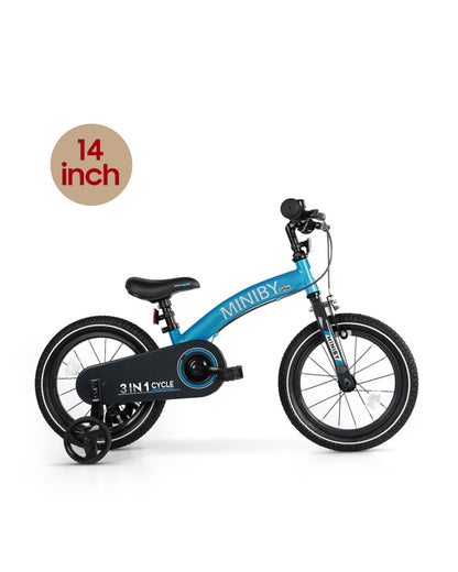 Qplay Miniby 3 in 1 Bike (14 Inch)-Balance Bike, Bicycle with Training Wheel Mode & Bicycle Mode-Adjustable Handlebar & Seat Height-Steering Limiter For Additional Safety-For 2.5 to 8Y-Blue