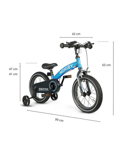 Qplay Miniby 3 in 1 Bike (14 Inch)-Balance Bike, Bicycle with Training Wheel Mode & Bicycle Mode-Adjustable Handlebar & Seat Height-Steering Limiter For Additional Safety-For 2.5 to 8Y-Blue