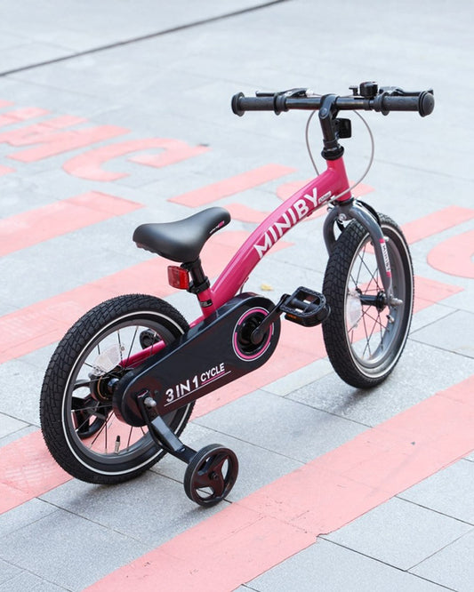 Qplay Miniby 3 in 1 Bike (14 Inch)-Balance Bike, Bicycle with Training Wheel Mode & Bicycle Mode-Adjustable Handlebar & Seat Height-Steering Limiter For Additional Safety-For 2.5 to 8Y-Pink