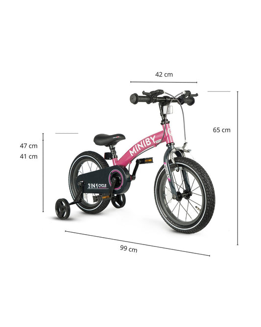 Qplay Miniby 3 in 1 Bike (14 Inch)-Balance Bike, Bicycle with Training Wheel Mode & Bicycle Mode-Adjustable Handlebar & Seat Height-Steering Limiter For Additional Safety-For 2.5 to 8Y-Pink