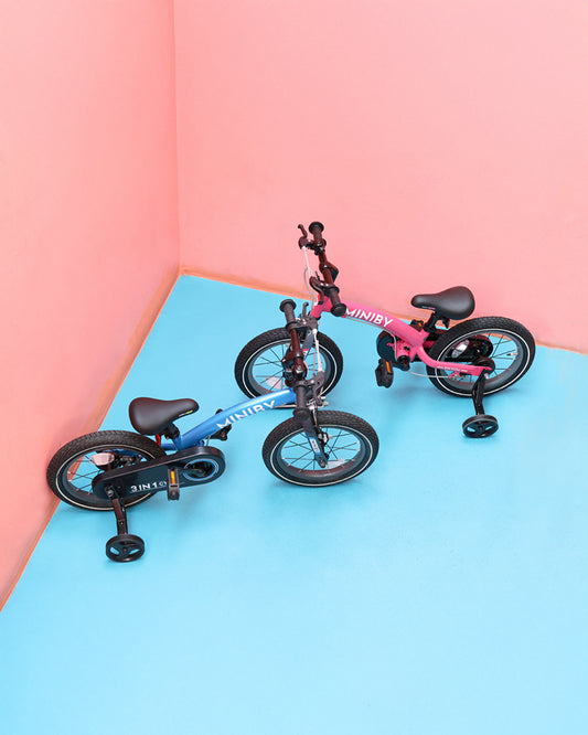 Qplay Miniby 3 in 1 Bike (14 Inch)-Balance Bike, Bicycle with Training Wheel Mode & Bicycle Mode-Adjustable Handlebar & Seat Height-Steering Limiter For Additional Safety-For 2.5 to 8Y-Pink