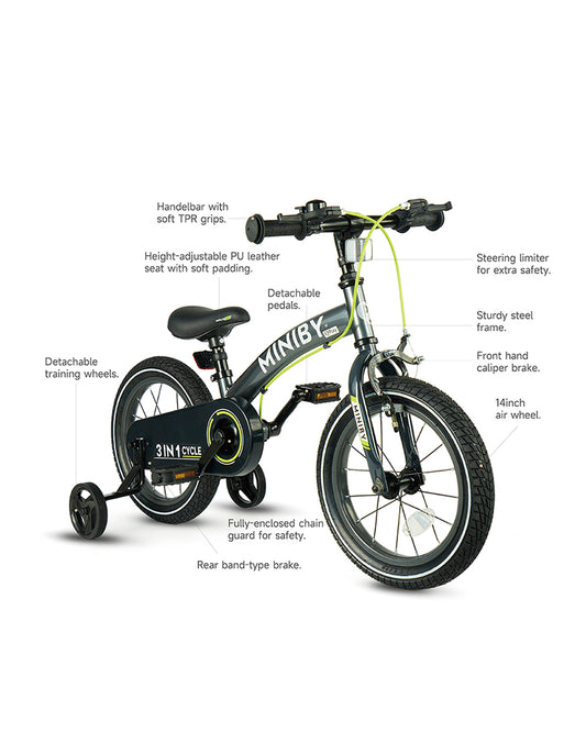 Qplay Miniby 3 in 1 Bike (14 Inch)-Balance Bike, Bicycle with Training Wheel Mode & Bicycle Mode-Adjustable Handlebar & Seat Height-Steering Limiter For Additional Safety-For 2.5 to 8Y-Pink