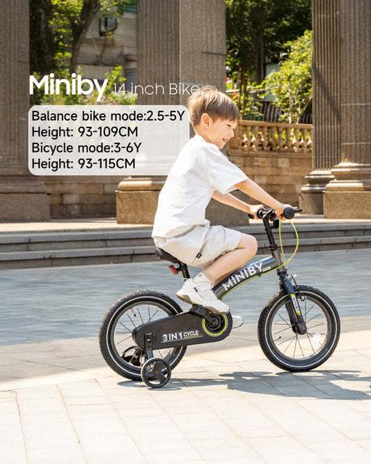 Qplay Miniby 3 in 1 Bike (14 Inch)-Balance Bike, Bicycle with Training Wheel Mode & Bicycle Mode-Adjustable Handlebar & Seat Height-Steering Limiter For Additional Safety-For 2.5 to 8Y-Pink