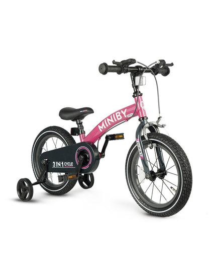 Qplay Miniby 3 in 1 Bike (14 Inch)-Balance Bike, Bicycle with Training Wheel Mode & Bicycle Mode-Adjustable Handlebar & Seat Height-Steering Limiter For Additional Safety-For 2.5 to 8Y-Pink
