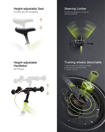 Qplay Miniby 3 in 1 Bike (14 Inch)-Balance Bike, Bicycle with Training Wheel Mode & Bicycle Mode-Adjustable Handlebar & Seat Height-Steering Limiter For Additional Safety-For 2.5 to 8Y-Pink