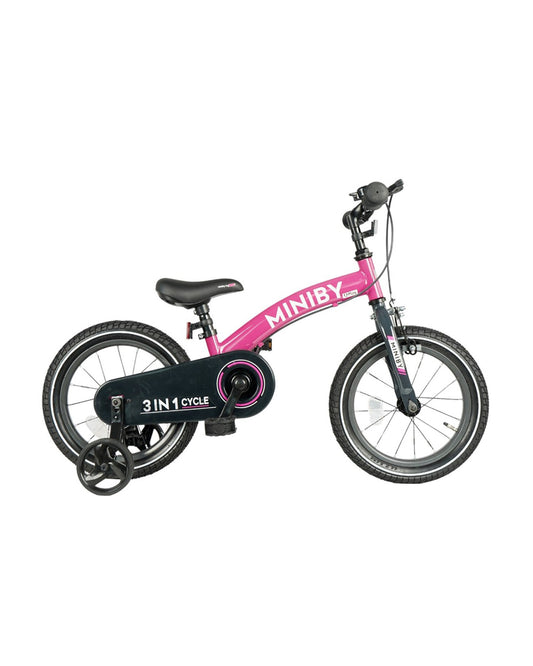 Qplay Miniby 3 in 1 Bike (14 Inch)-Balance Bike, Bicycle with Training Wheel Mode & Bicycle Mode-Adjustable Handlebar & Seat Height-Steering Limiter For Additional Safety-For 2.5 to 8Y-Pink
